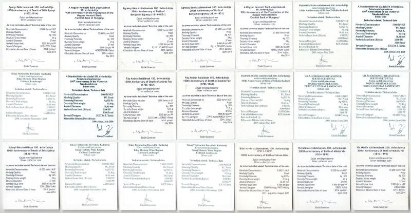 2006-2014. 21x/10xklf MNB tanúsítvány, közte '5000Ft Ag Bibó István születésének 100. évfordulója','5000Ft Ag Tokaj Történelmi Borvidék Kultúrtáj' T:1-