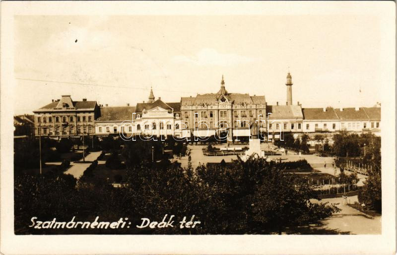 Szatmárnémeti, Szatmár, Satu Mare; Deák tér, üzletek / square, shops. photo + '1940 Szatmárnémeti visszatért' So. Stpl.