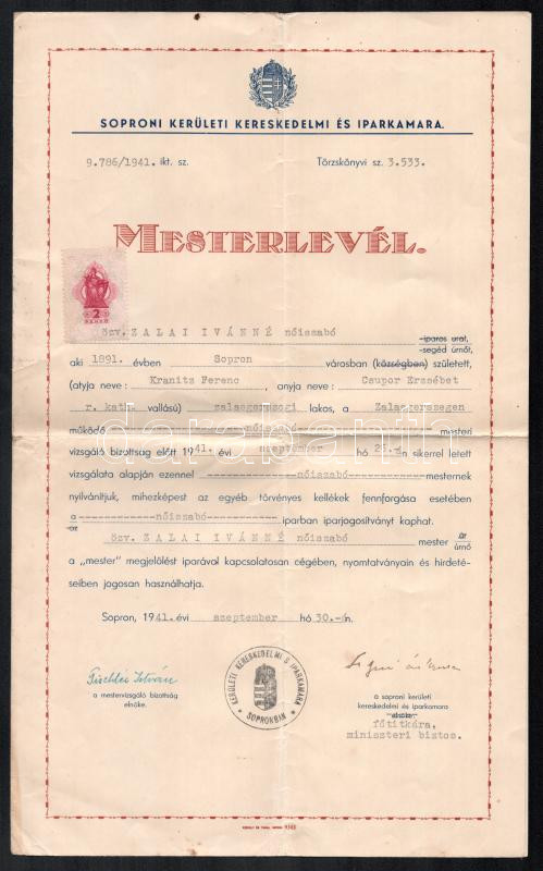 1941 Sopron, női szabó mesterlevél