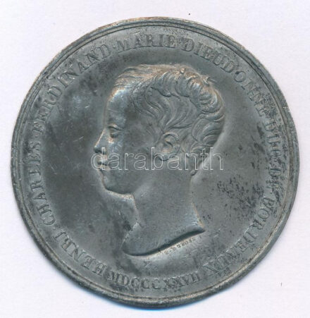 Franciaország DN (1827) 'Henri d'Artois' Sn lemezplakett (51mm) T:2- France ND (1827) 'Henri Charles Ferdinand Marie Dieudonne Duc' Sn plate plaquette (51mm) C:VF