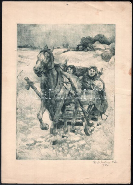 Bárkányi Pál (?): Téli szán, rézkarc, papír, jelzett, lap szélén foltok, szakadások, 26×18 cm