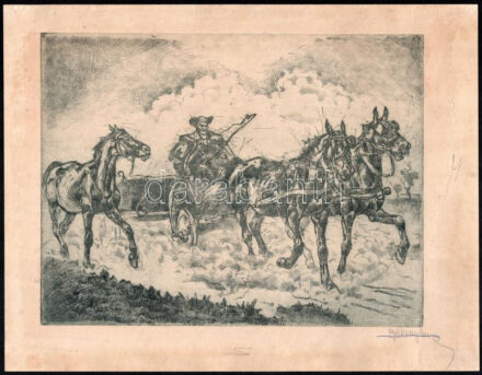 Olvashatatlan jelzéssel: Csikós fogattal. Rézkarc, papír, lap széle kissé foltos, 19x23 cm