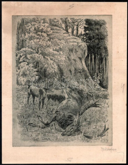 Olvashatatlan jelzéssel: Vadászkutya elejtett szarvas mellett. Rézkarc, papír, lap széle kissé foltos, 23,5x19 cm