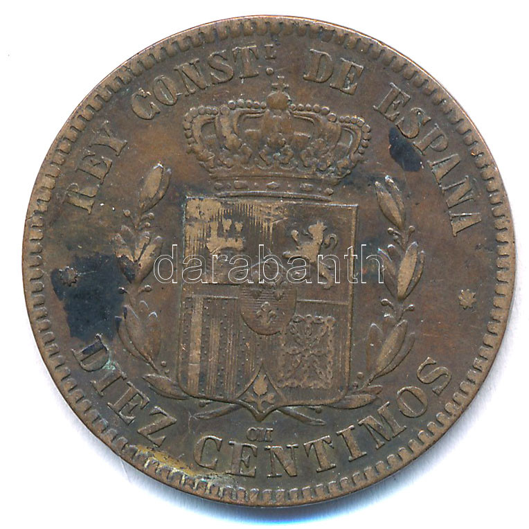 Spanyolország 1870OM 10c bronz 'XII. Alfonz' T:2 Spain 1870OM 10 Centimos bronze 'Alfonso XII' C:XF Krause KM#675 - Image 2