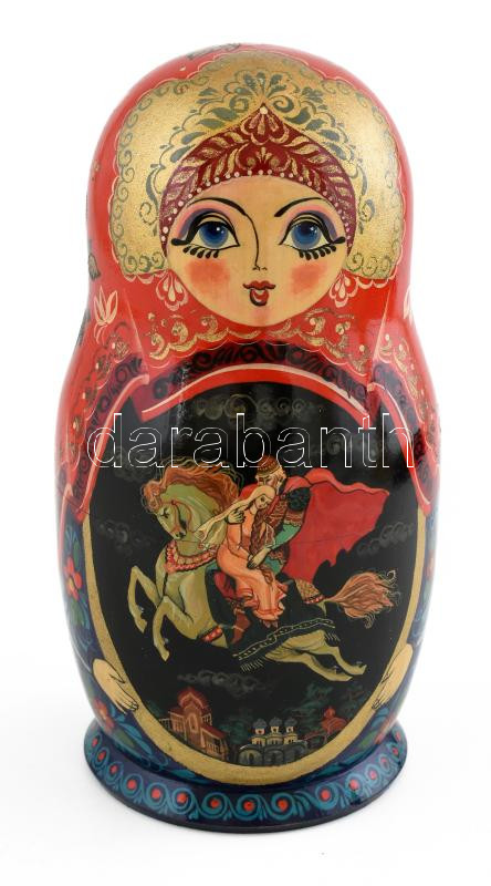 Orosz matrjoska baba, 10 részes. Kézzel festett, gazdagon díszített mintával. Alján jelzett, m: 20 cm