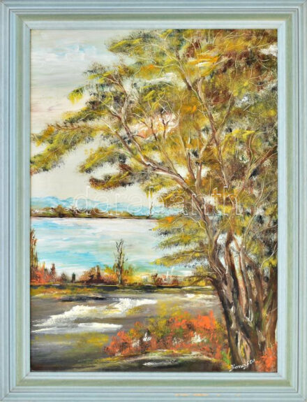 Koncz Eta (?-2016): Tóparti öreg fa. Olaj, farost, jelzett, fakeretben, 58×42 cm