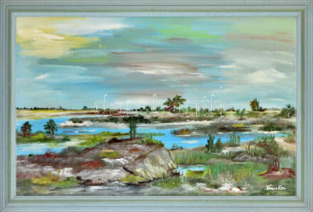 Koncz Eta (?-2016): Tengerszem. Olaj, farost, jelzett, fakeretben, 55×84 cm