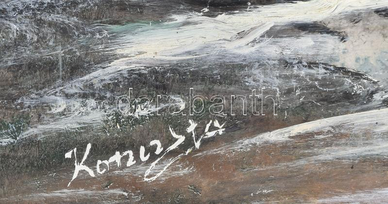 Koncz Eta (?-2016): Téli táj az Alföldön. Olaj, farost, jelzett, fakeretben, 55×84 cm - Image 2