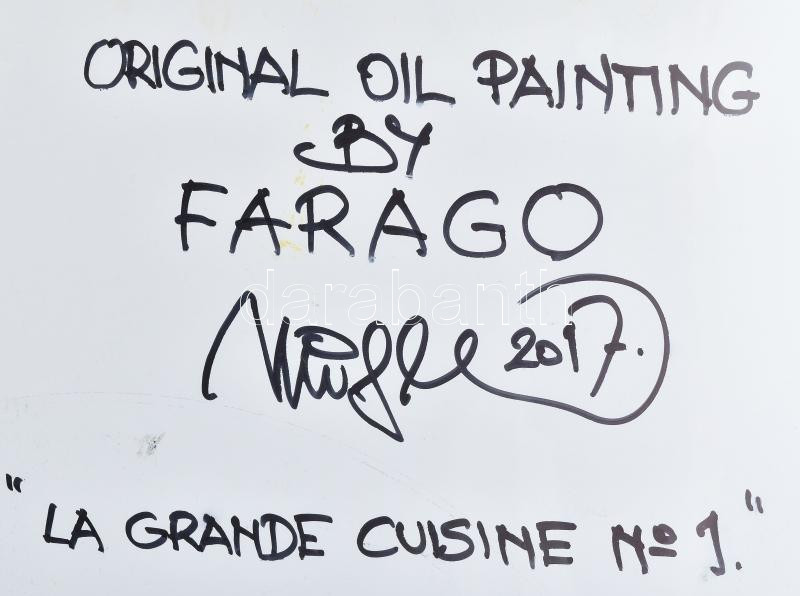 Faragó Miklós (1947-): 'La grande cuisine No. 1', 2017. Olaj, farost. Jelzett. Hátoldalán autográf felirattal. Üvegezett fakeretben. 60x60 cm. - Image 3