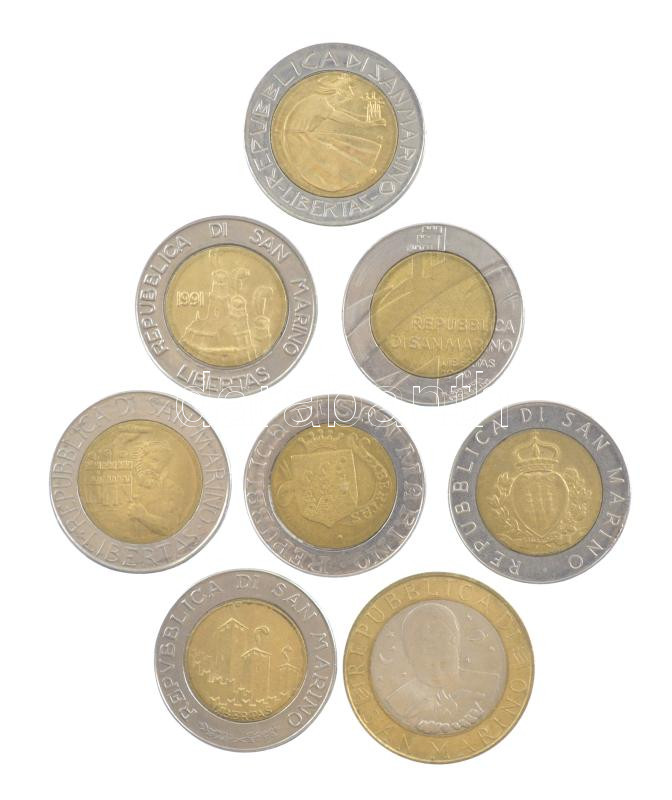 San Marino 1985-1994. 500L (7x) közte 'Terra Ospitale 1944', 'A San Marinói pénzverői sorozat újraindításának 15. évfordulója' T:1-,2 patina San Marino 1985-1994. 500 Lire (7x), within 'Terra Ospitale 1944', '15th Anniversary of