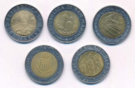 San Marino 1983-1999. 500L (5x), közte ''Megváltás a kábítószerektől', 'Erődítmények' T:1-,2 San Marino 1983-1999. 500 Lire (5x), within 'Redemption from drugs', 'Fortifications' C:AU,XF