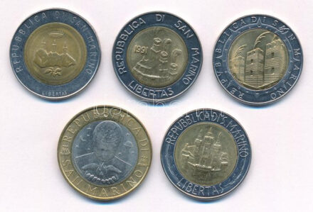 San Marino 1984-1992. 500L (4x) + 2000. 1000L, közte 'A technológia forradalma - Ember számítógéppel', 'Terra Ospitale', T:1-,2 patina San Marino 1984-1992. 500 Lire (4x) + 2000. 1000 Lire, within 'Revolution of Technology - Man with