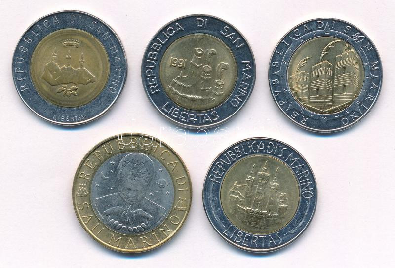 San Marino 1984-1992. 500L (4x) + 2000. 1000L, közte 'A technológia forradalma - Ember számítógéppel', 'Terra Ospitale', T:1-,2 patina San Marino 1984-1992. 500 Lire (4x) + 2000. 1000 Lire, within 'Revolution of Technology - Man with