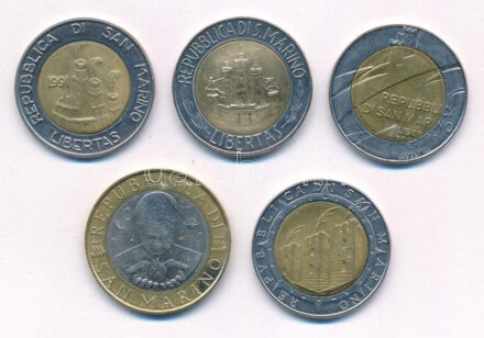 San Marino 1984-1992. 500L (4x) + 2000. 1000L, közte 'Kolombusz', 'San Marino alapításának 1600. évfordulója' T:1-,2 patina San Marino 1984-1992. 500 Lire (4x) + 2000. 1000 Lire, within 'Colombus', '1600th Anniversary of San Marino' C:AU,XF