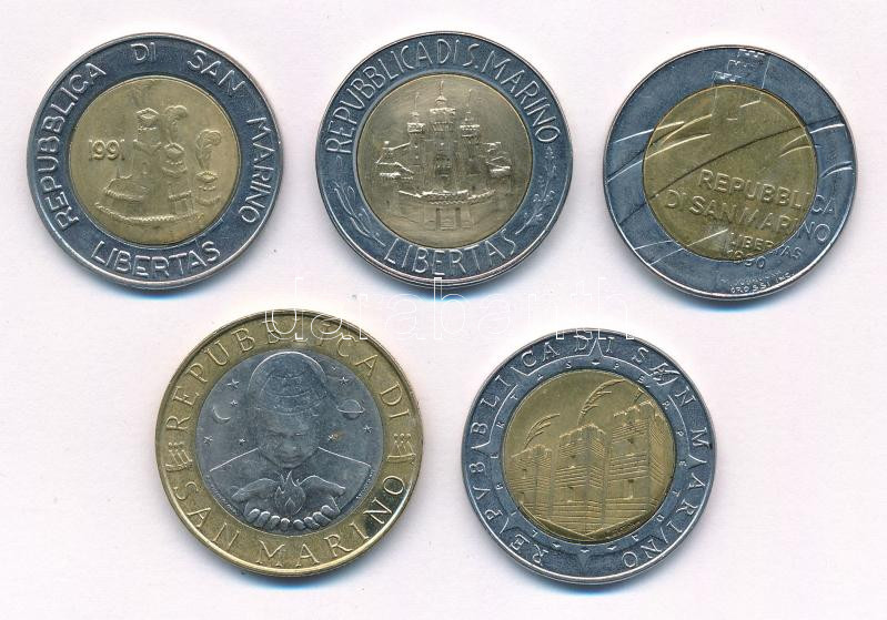 San Marino 1984-1992. 500L (4x) + 2000. 1000L, közte 'Kolombusz', 'San Marino alapításának 1600. évfordulója' T:1-,2 patina San Marino 1984-1992. 500 Lire (4x) + 2000. 1000 Lire, within 'Colombus', '1600th Anniversary of San Marino' C:AU,XF