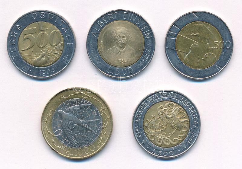 San Marino 1984-1992. 500L (4x) + 2000. 1000L, közte 'Kolombusz', 'San Marino alapításának 1600. évfordulója' T:1-,2 patina San Marino 1984-1992. 500 Lire (4x) + 2000. 1000 Lire, within 'Colombus', '1600th Anniversary of San Marino' C:AU,XF - Image 2