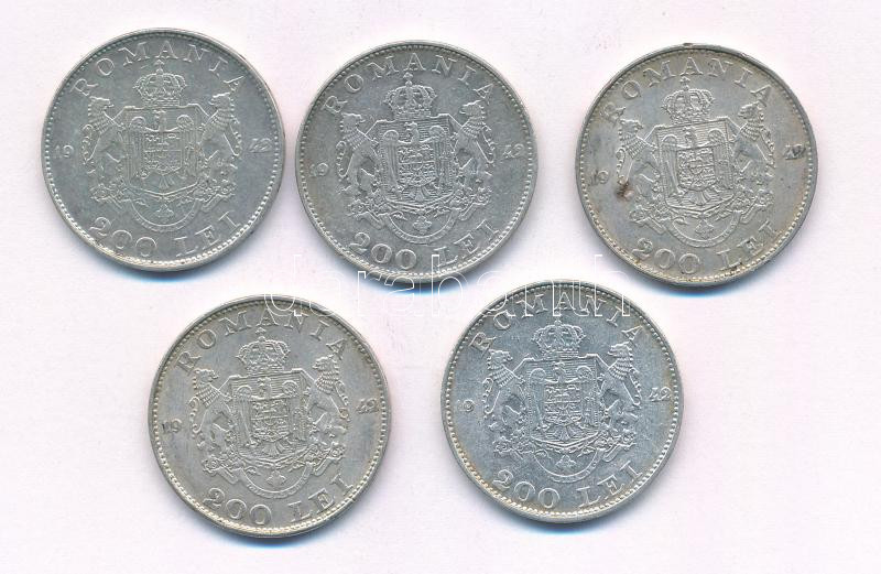 Románia 1942. 200L Ag 'I. Mihály' (5x) T:2,2- Romania 1942. 200 Lei Ag 'Mihai I' (5x) C:XF,VF Krause KM#63 - Image 2