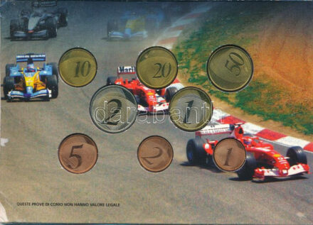 San Marino 2005. 1c-2E próbaveret (8xklf) '25 éves a san marinoi Formula-1-es nagydíj' sérült karton tokban T:1 San Marino 2005. 1 Cent - 2 Euro trial strike (8xdiff) '25th anniversary of the Formula-1 Grand Prix in San Marino' in damaged