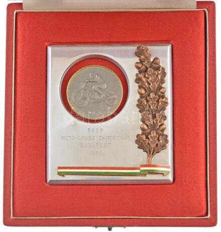 1964. 'BHSB (Budapesti Honvéd Spot Bizottsága) moto-cross championád Budapest' Motoros díjérem, Zn és zománcozott Cu rátétek krómozott plaketten eredeti dobozban (105x90mm) T:1- patina