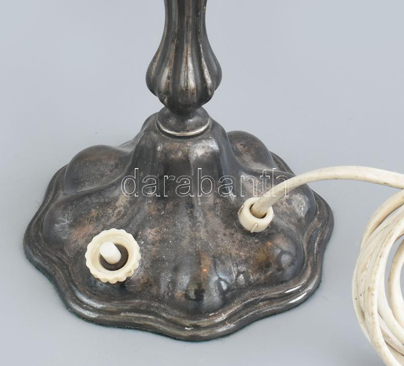 Asztali lámpa, ezüstözött fém aljjal, kopásokkal, búra nélkül, működik, m: 44 cm - Image 3