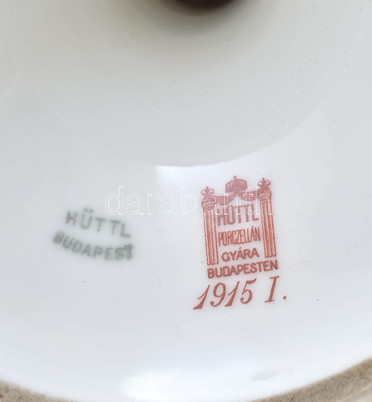 Hüttl Tivadar Budapest: Népi szecessziós talpas kínáló, kézzel festett porcelán, jelzett, minimális hajszálrepedéssel, d: 23,5 cm, m: 13 cm - Image 4