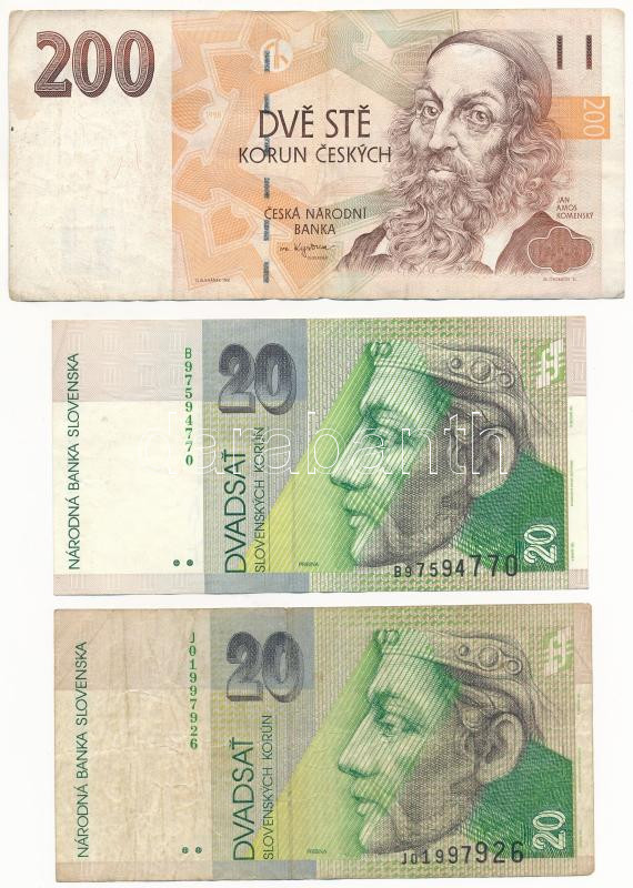 Csehország 1993. 200K + Szlovákia 1997. 20K (2x) T:III,III- Czeh Republic 1993. 200 Korun + Slovakia 1997. 20 Korun (2x) C:F,VG