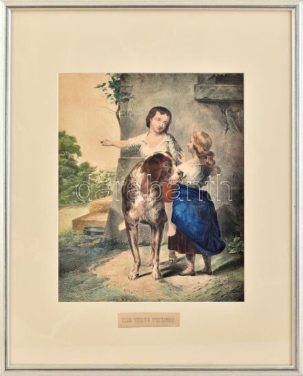 A három barát (The three friends). Kézzel színezett litográfia, papír, jelzés nélkül, XIX. sz. közepe. 31,5x25,5 cm. Dekoratív, üvegezett fakeretben.