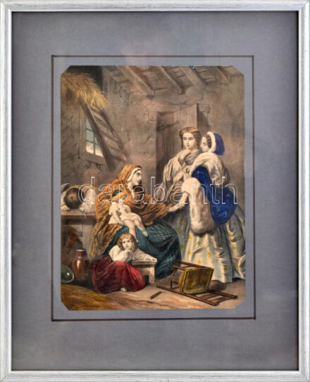 Jelenet. Kézzel színezett litográfia, papír, jelzés nélkül, XIX. sz. közepe. 33,5x25 cm. Dekoratív, üvegezett fakeretben.