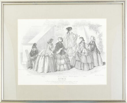 Héloise Suzanne Colin, Héloise Leloir (1819-1873): L'Iris moniteur des Modes divatillusztrációja, 1850 körül. Acélmetszet, papír. Jelzett a metszeten. Üvegezett fa keretben. 27x36 cm.