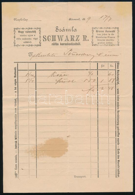 1889 Körmend, Schwarz R. rőfös fejléces számlája