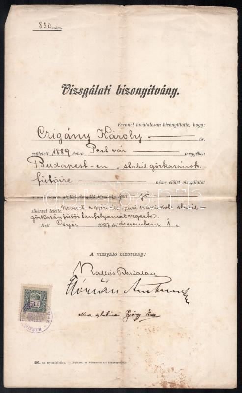1907 Győr, gőzkazánok fűtői vizsgájáról szóló bizonyítvány