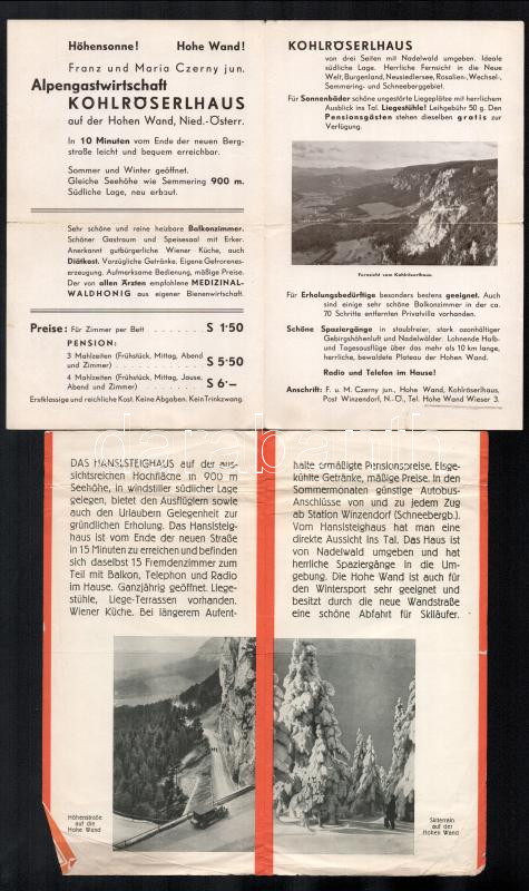 cca 1940 2 db német nyelvű idegenforgalmi prospektus, Hohe Wand, gyűrődéssel, szakadással. - Image 2