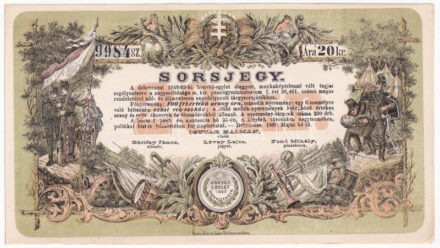 Debrecen 1889. 'A debreczeni 1848/49-ki honvéd-egylet elaggott, munkaképtelenné vált tagjai segélyezésére' sorsjegy 20kr értékben T:I-,II / Hungary / Debrecen 1889. 'To help the members of the Hungarian Association of the Debrecen of