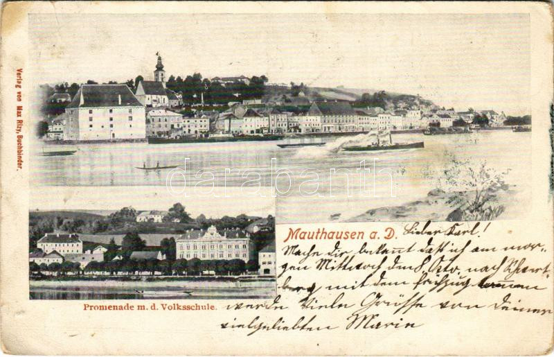 1902 Mauthausen, Promenade mit d. Volksschule / school (EK)