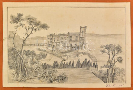 1876 Döltl Teréz (?-?) vázlatfüzet, tus, akverell, és ceruza, papír, jelzés nélkül, haránt-alakú névvel, dátummal feliratozott félvászon vázlatfüzetben, lapokra ragasztva, kopott borítóval, részben foltos lapokkal, egy lap