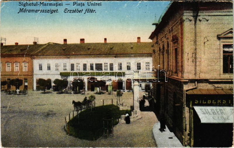 Máramarossziget, Sighet, Sighetu Marmatei; Piata Unirei / Erzsébet főtér, Silberstein üzlete. Benkő Miklós kiadása / main square, shops (fa)