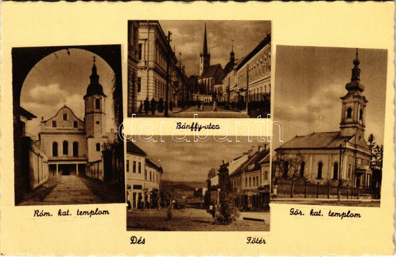 Dés, Dej; Római katolikus templom, Bánffy utca, Főtér, Görögkatolikus templom / churches, street view, main square
