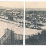 Budapest. Dunai panoráma az épülő felállványozott Erzsébet híddal - két részes panorámalap szétszakadva