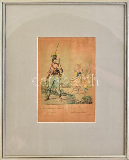 Bikkessy Heinbucher József (1767-1833) festő rajza után metszette Karl Beyer: Sluini Határörző Stutzos Legény Leány. Ein Gränz-Scharfschütze und Maedchen aus Sluin. Kézzel színezett rézmetszet, papír. Jelzés nélkül. Kisebb