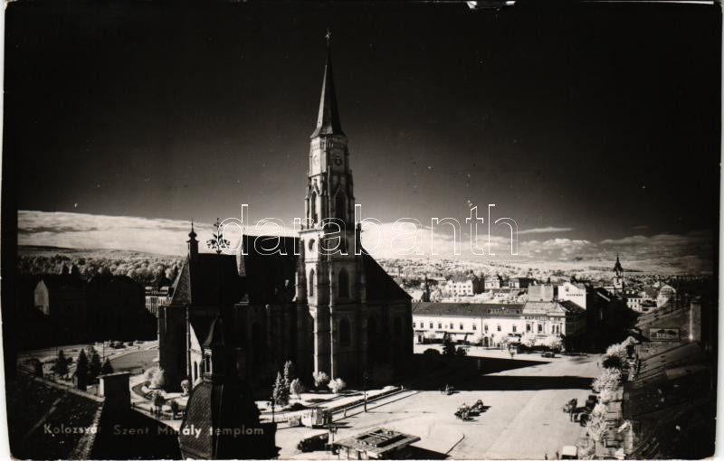 1940 Kolozsvár, Cluj; Szent Mihály templom, tér, Braunfeld üzlete / church, square, shops. photo + '1940 Kolozsvár visszatért' So. Stpl (vágott / cut)