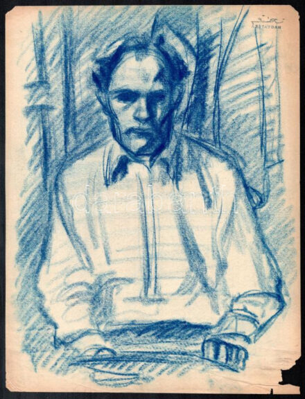 Róna Emy (1904-1988): Szalmás Béla (Róna Emy férje) portréja. Kréta, papír, hátoldalán hagyatéki pecséttel jelzett, lapszéli sérülésekkel, 30×23 cm.