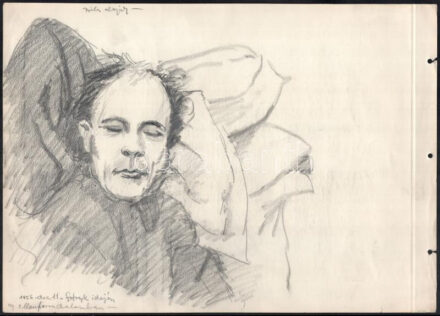 Róna Emy (1904-1988): Szalmás Béla alszik (Róna Emy férje), 1956. dec. 11., forradalom utáni sztrájk idején. Ceruza, papír, hátoldalán hagyatéki pecséttel jelzett és további rajzokkal, lapszéli apró szakadásokkal, 29×41 cm