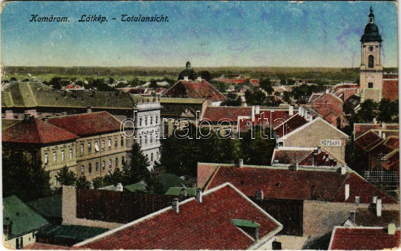 1918 Komárom, Komárnó; Népbank, templom / bank and church (EK)