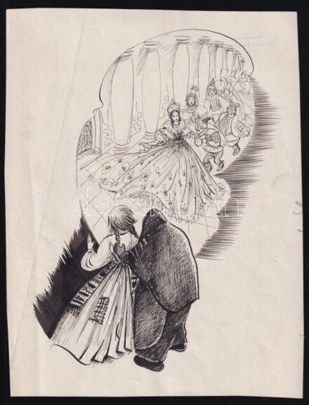 Róna Emy (1904-1988): Meseillusztráció (feltehetően Bazsov meséihez). Tus, papír, hátoldalán hagyatéki pecséttel jelzett, hajtásnyommal, 22×17 cm.