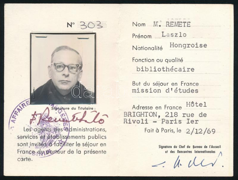 1969 Francia külügyminisztérium arcképes igazolványa magyar könyvtáros részére