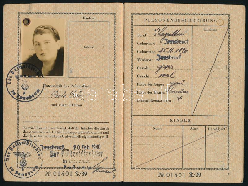 1940 Német birodalmi útlevél több bélyegzéssel