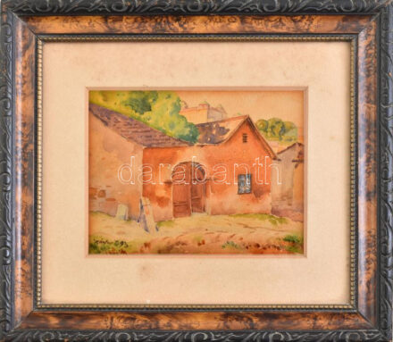 Kántor jelzéssel: Tabáni részlet, 1923. Akvarell, papír. Korabeli, dekoratív, üvegezett fa keretben, paszpartuban, 12x15 cm (keret: 24,5x27,5 cm)