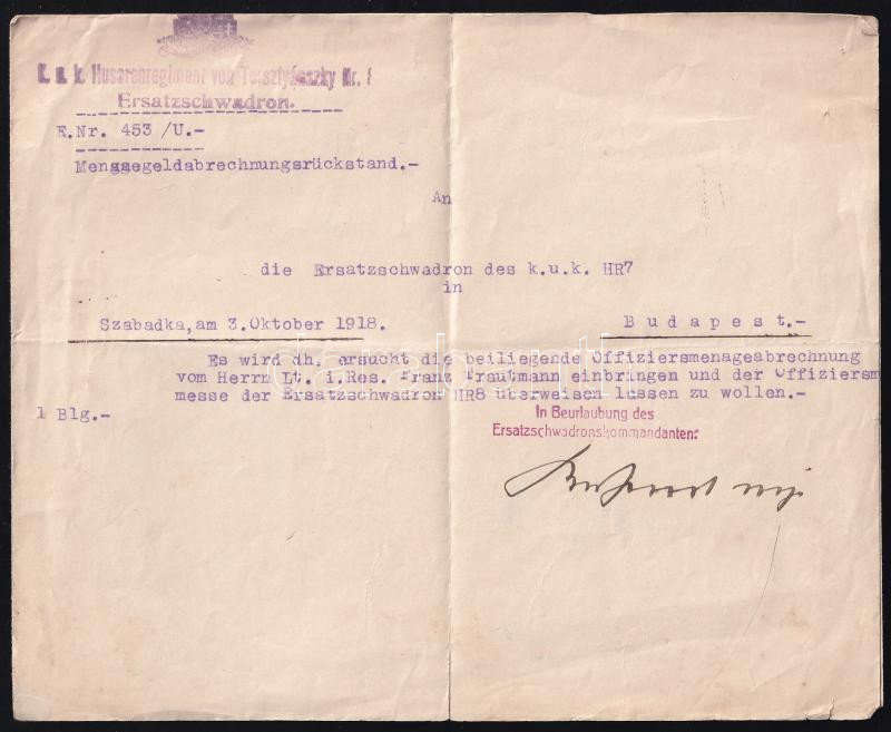 1918 A Tersánszky Huszárregiment pecsétjével ellátott parancs
