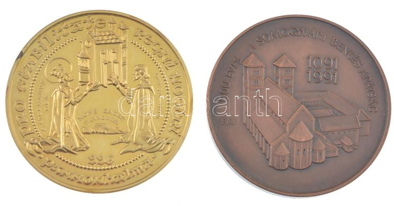Fritz Mihály (1947-) 1991. 'Szent László a magyarok lovagkirálya / 900 éves a somogyvári Bencés Apátság 1091-1991' bronz emlékérem kapszulában (42,5mm) + Lebó Ferenc (1960-) 1996. 'II. János Pál pápa látogatása - Pannonhalma, - Image 2