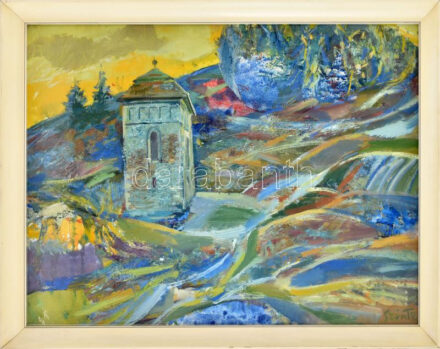 Szinte Gábor (1928-2012): Park este. Olaj, vászon, jelzett. Hátoldalán Képcsarnok Vállalat címkéjével. Üvegezett fakeretben, 60×80 cm
